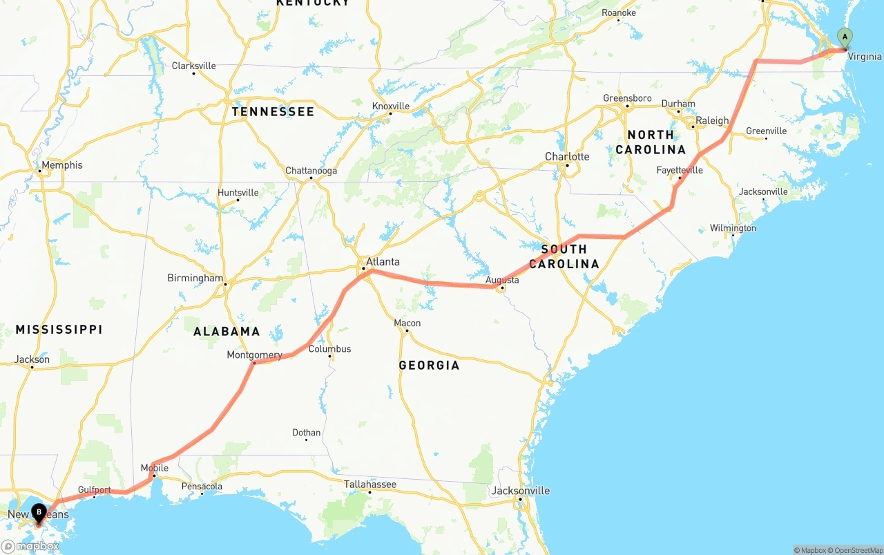 Shipping route from Virginia Beach to Port of New Orleans