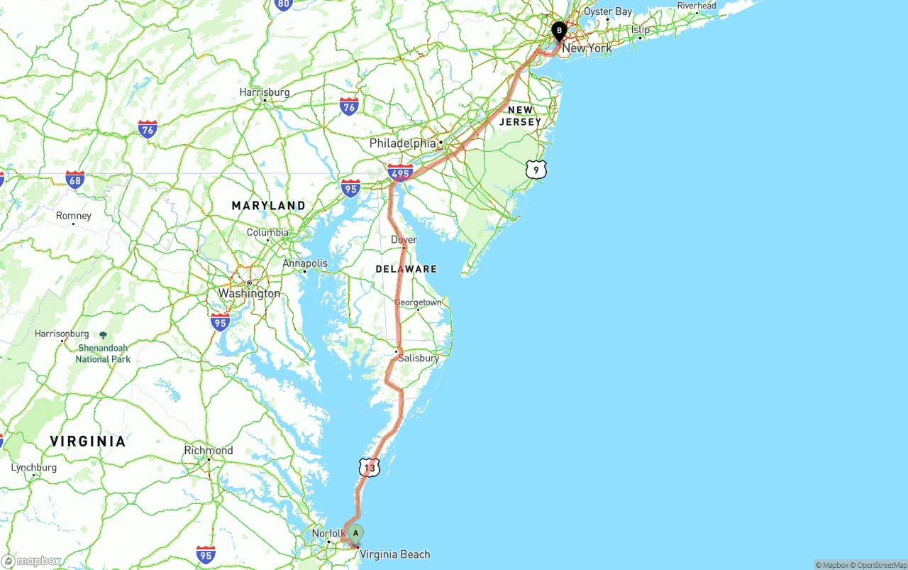 Shipping route from Virginia Beach to Port of New York