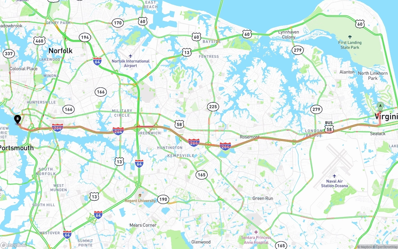 Shipping route from Virginia Beach to Port of Norfolk
