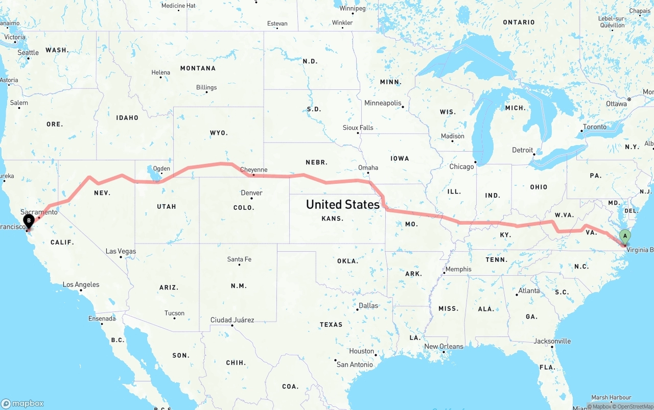 Shipping route from Virginia Beach to Port of Oakland