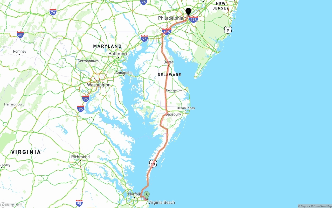 Shipping route from Virginia Beach to Port of Philadelphia