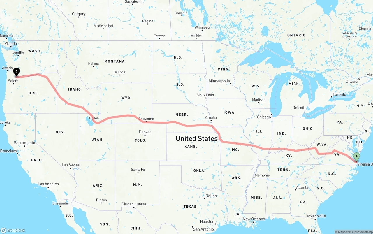 Shipping route from Virginia Beach to Port of Portland