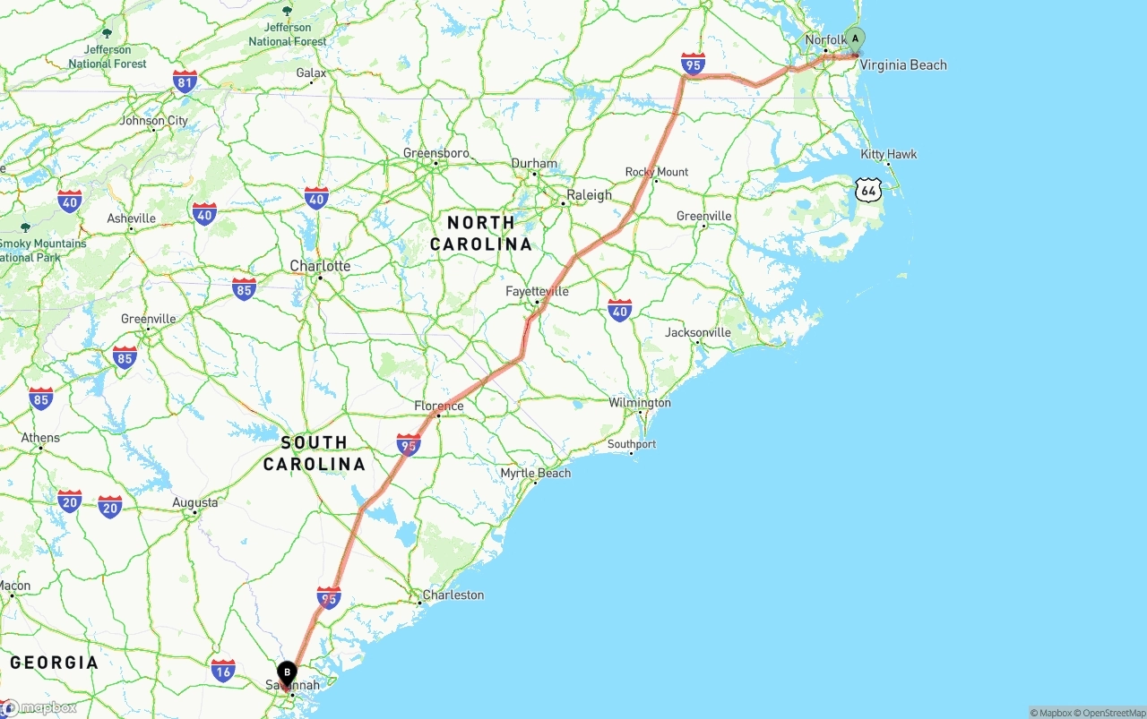 Shipping route from Virginia Beach to Port of Savannah