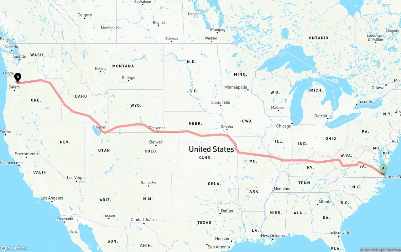 Shipping route from Virginia Beach to Portland International Airport