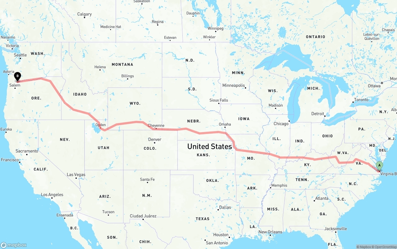 Shipping route from Virginia Beach to Portland