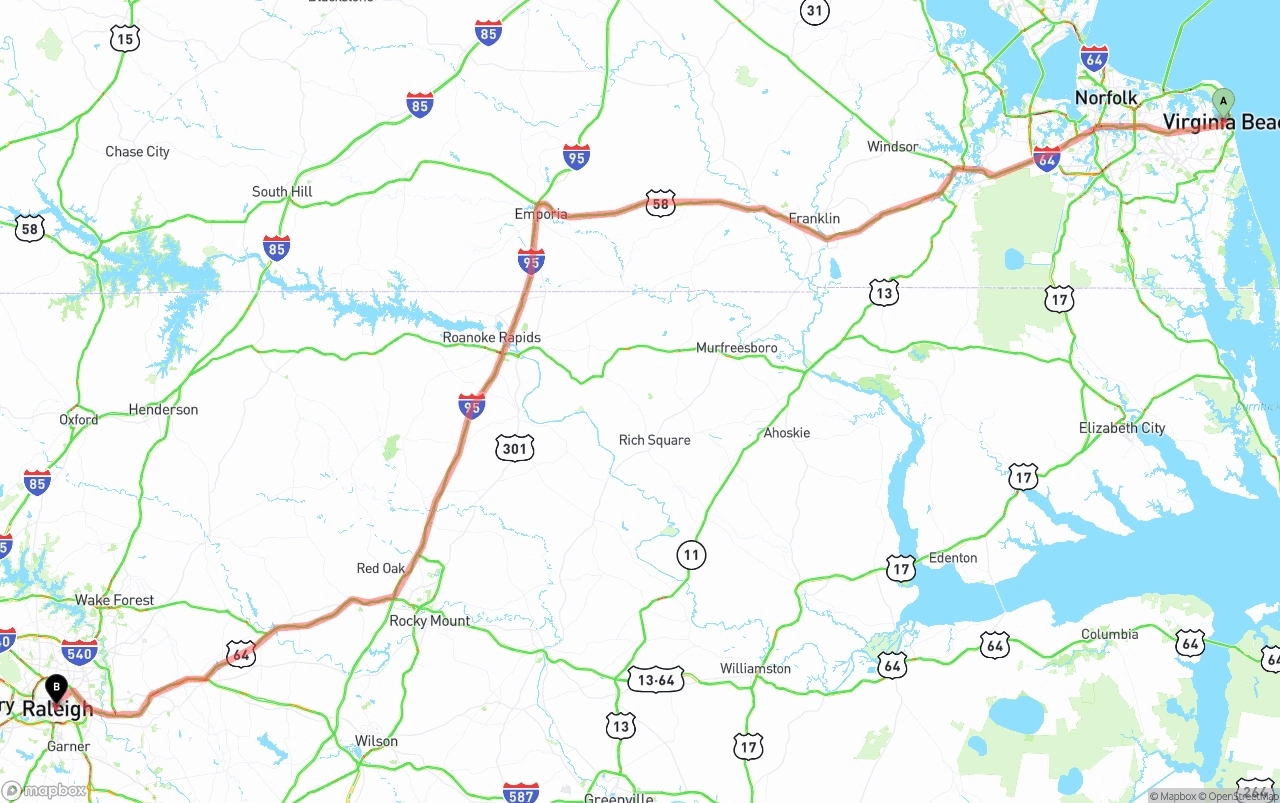 Shipping route from Virginia Beach to Raleigh