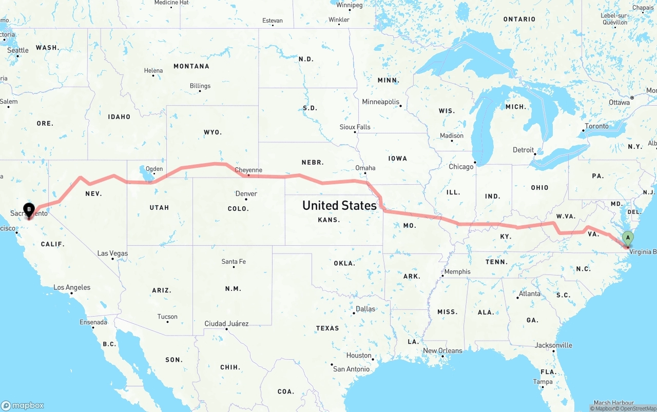 Shipping route from Virginia Beach to Sacramento