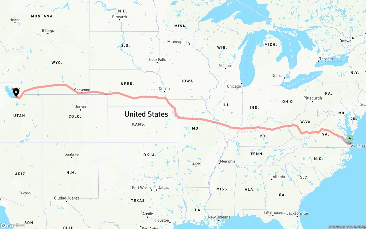 Shipping route from Virginia Beach to Salt Lake City