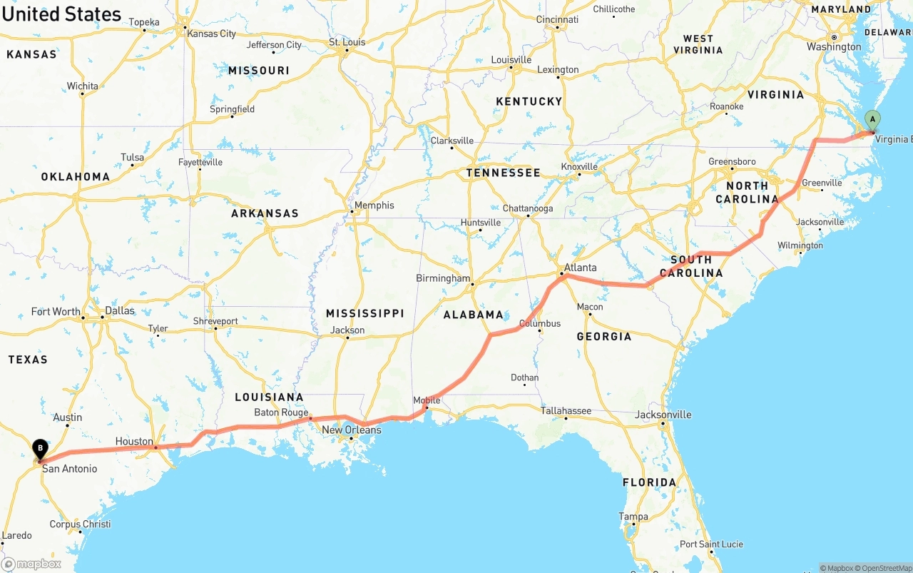 Shipping route from Virginia Beach to San Antonio