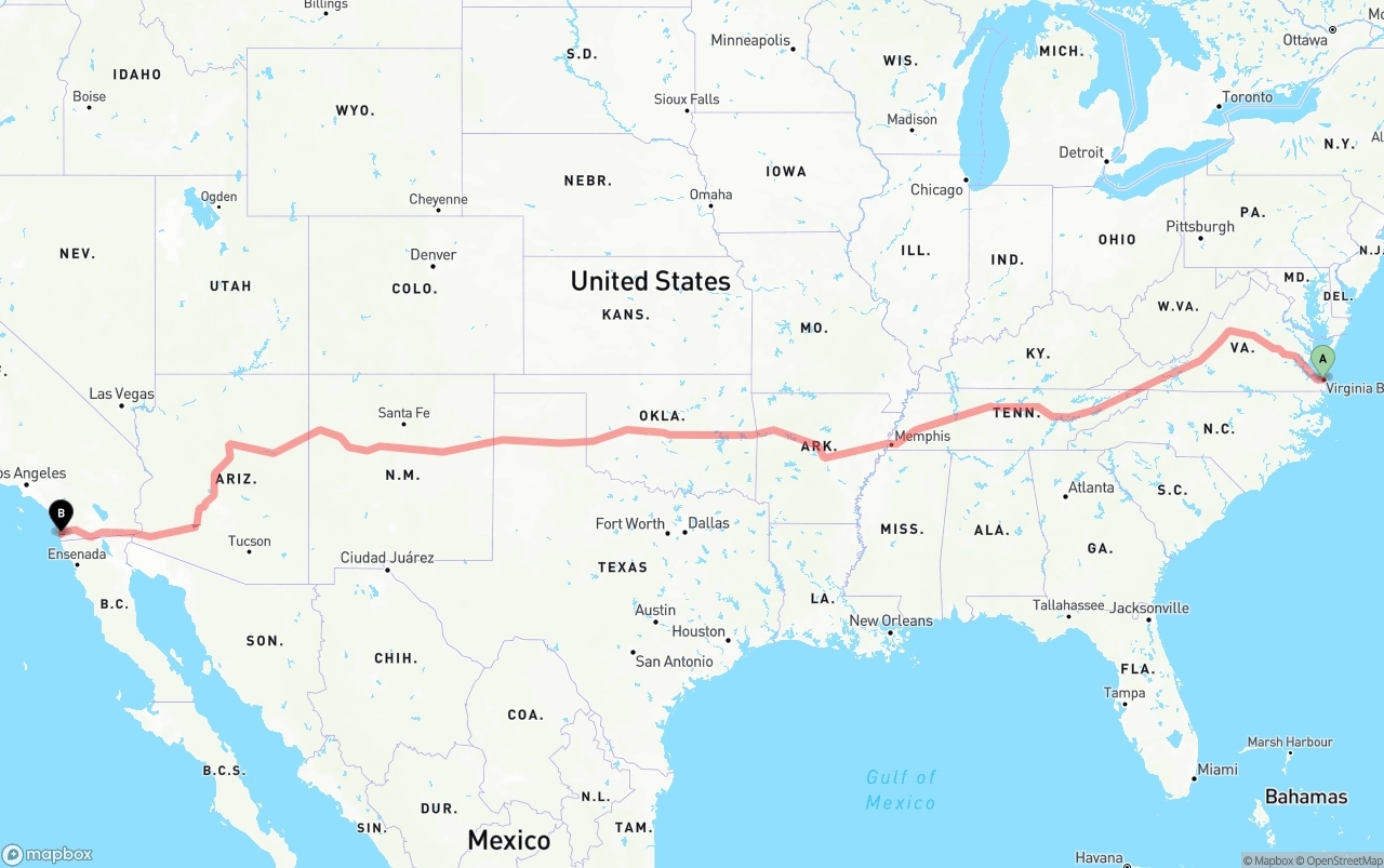 Shipping route from Virginia Beach to San Diego