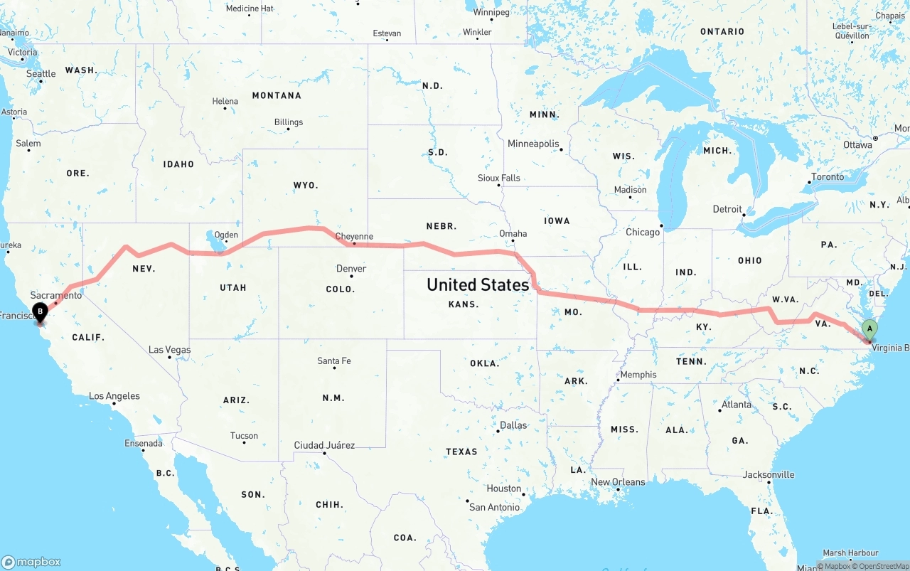 Shipping route from Virginia Beach to San Francisco International Airport