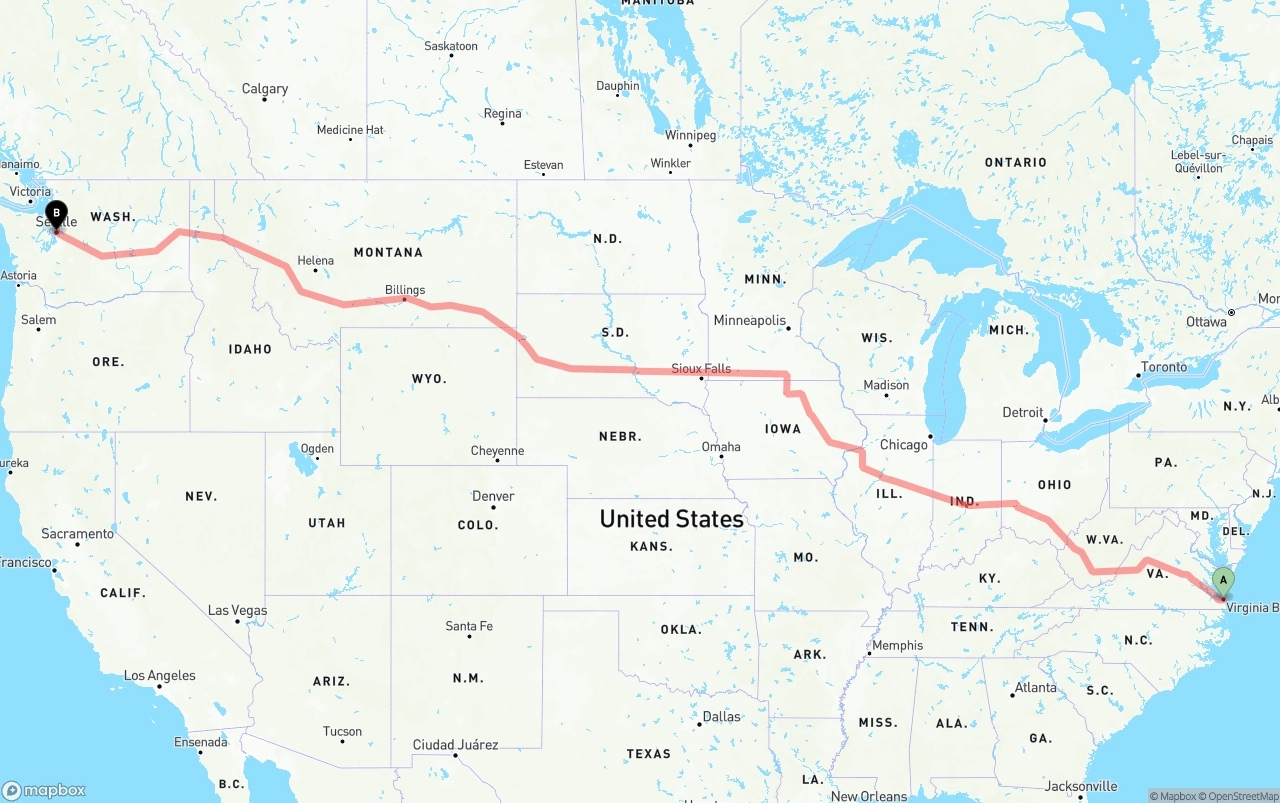 Shipping route from Virginia Beach to Seattle