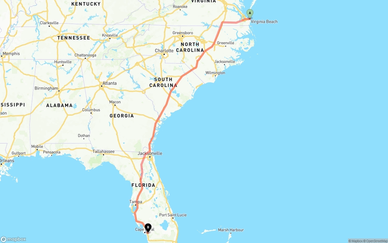 Shipping route from Virginia Beach to Southwest Florida International Airport