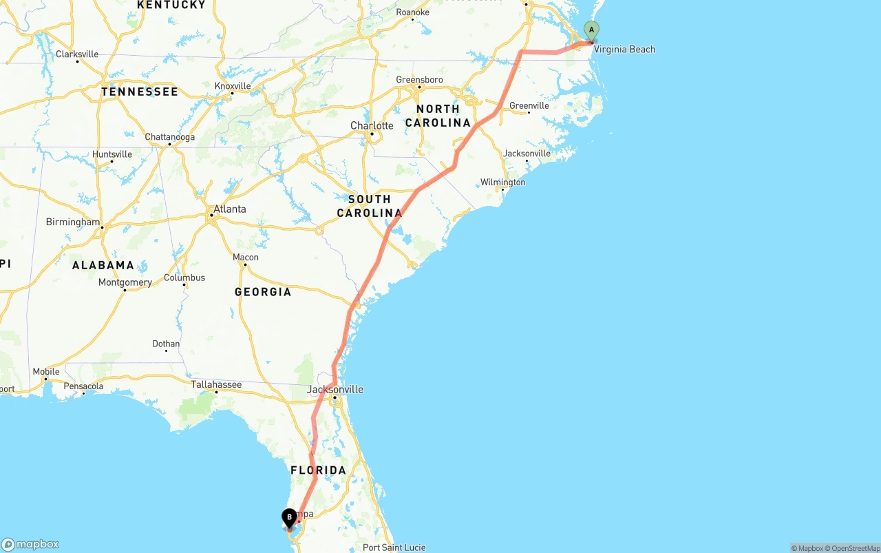 Shipping route from Virginia Beach to St. Petersburg