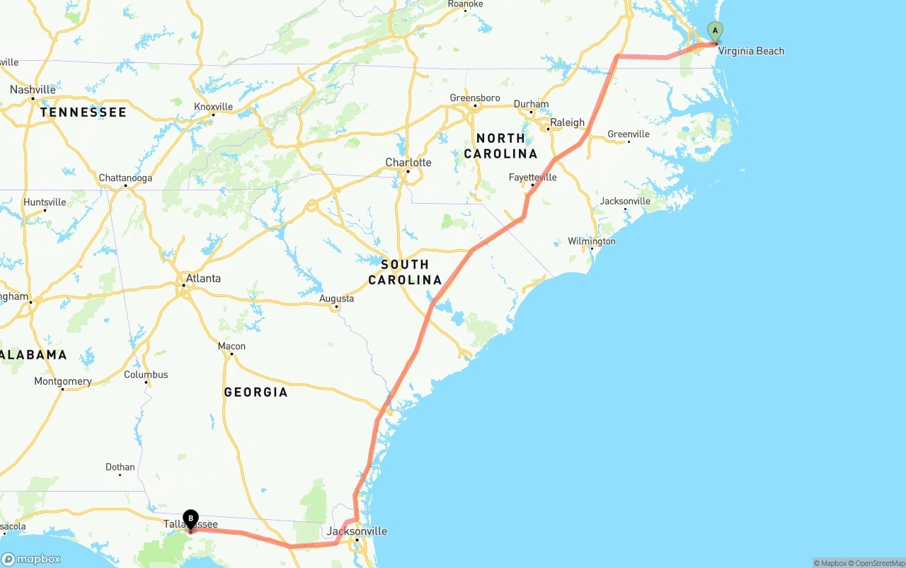 Shipping route from Virginia Beach to Tallahassee