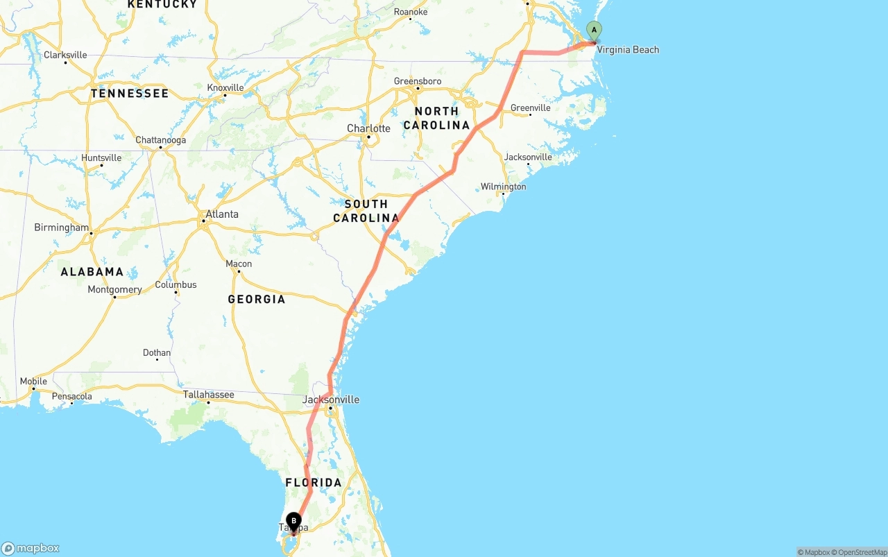 Shipping route from Virginia Beach to Tampa