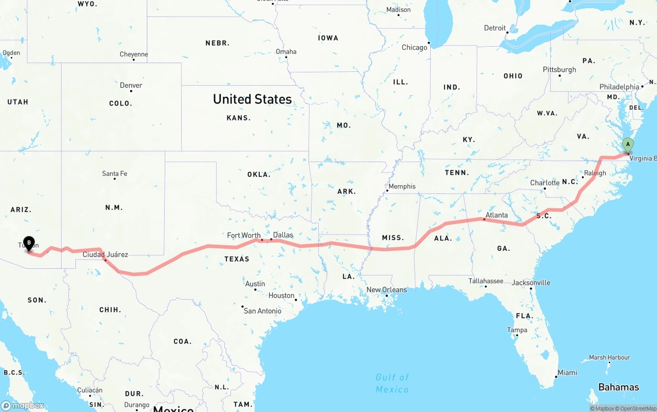 Shipping route from Virginia Beach to Tucson International Airport