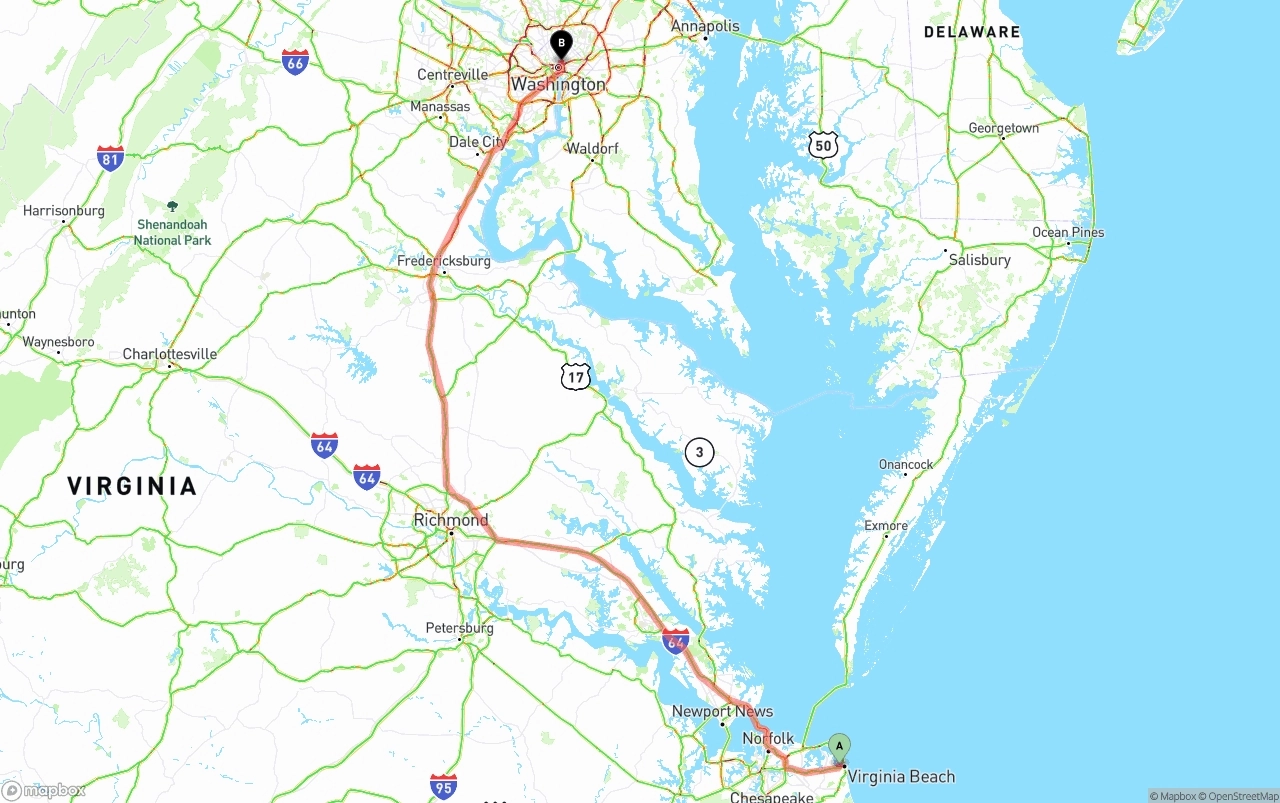 Shipping route from Virginia Beach to Washington D.C.