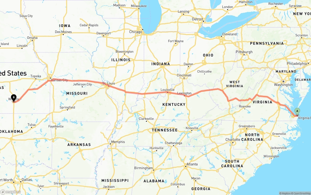 Shipping route from Virginia Beach to Wichita