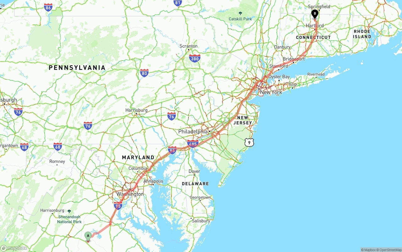 Shipping route from Virginia to Bradley International Airport