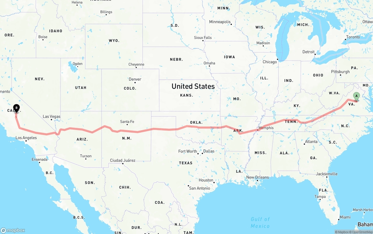 Shipping route from Virginia to California