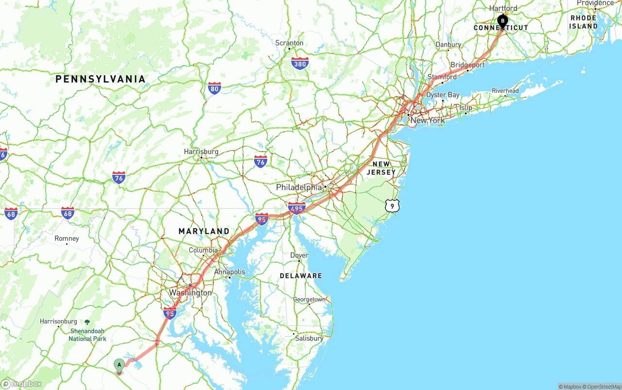 Shipping route from Virginia to Connecticut
