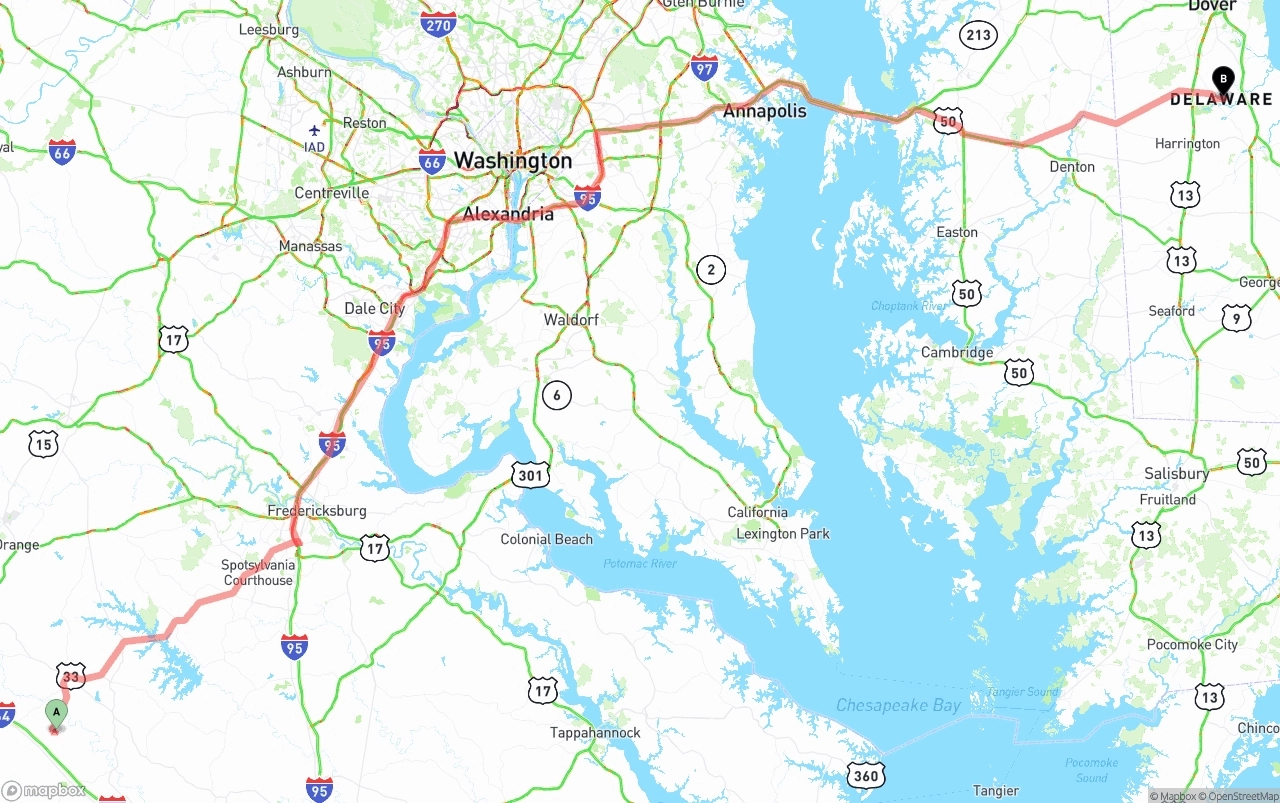 Shipping route from Virginia to Delaware