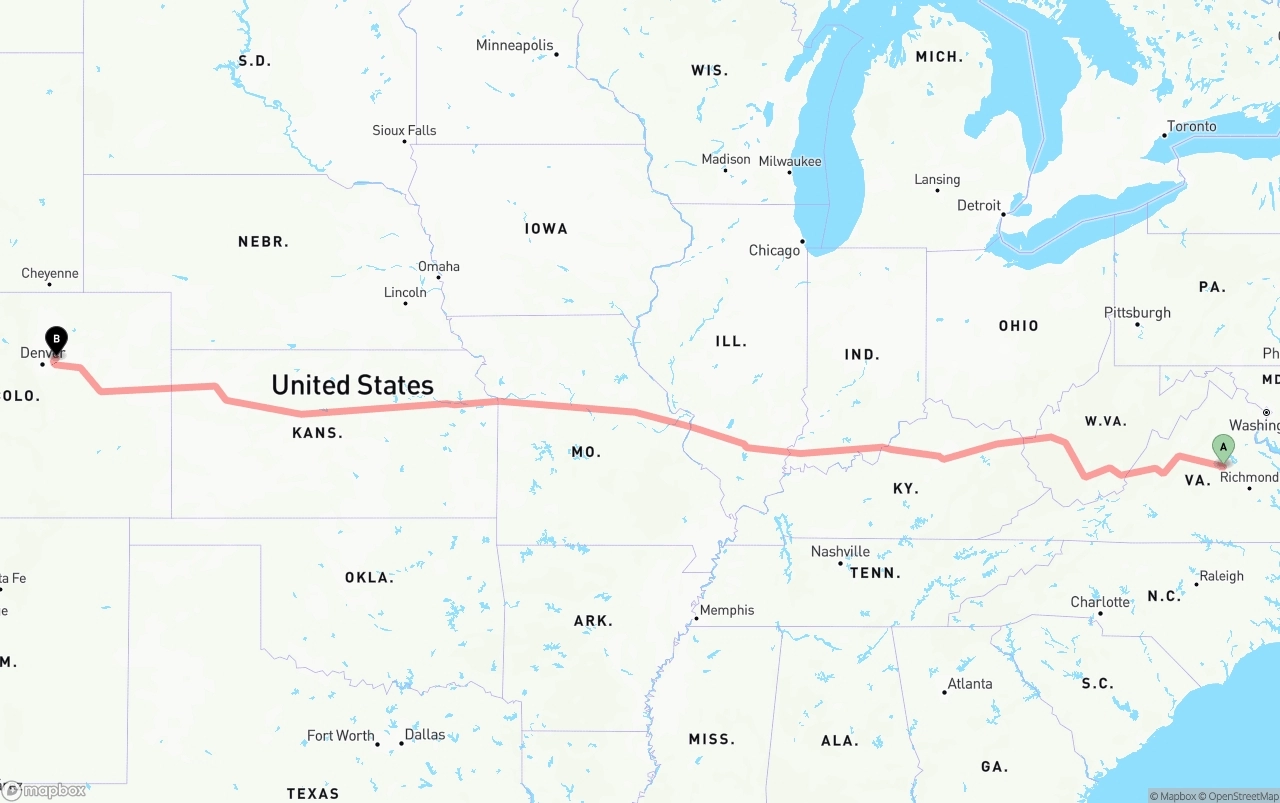 Shipping route from Virginia to Denver International Airport