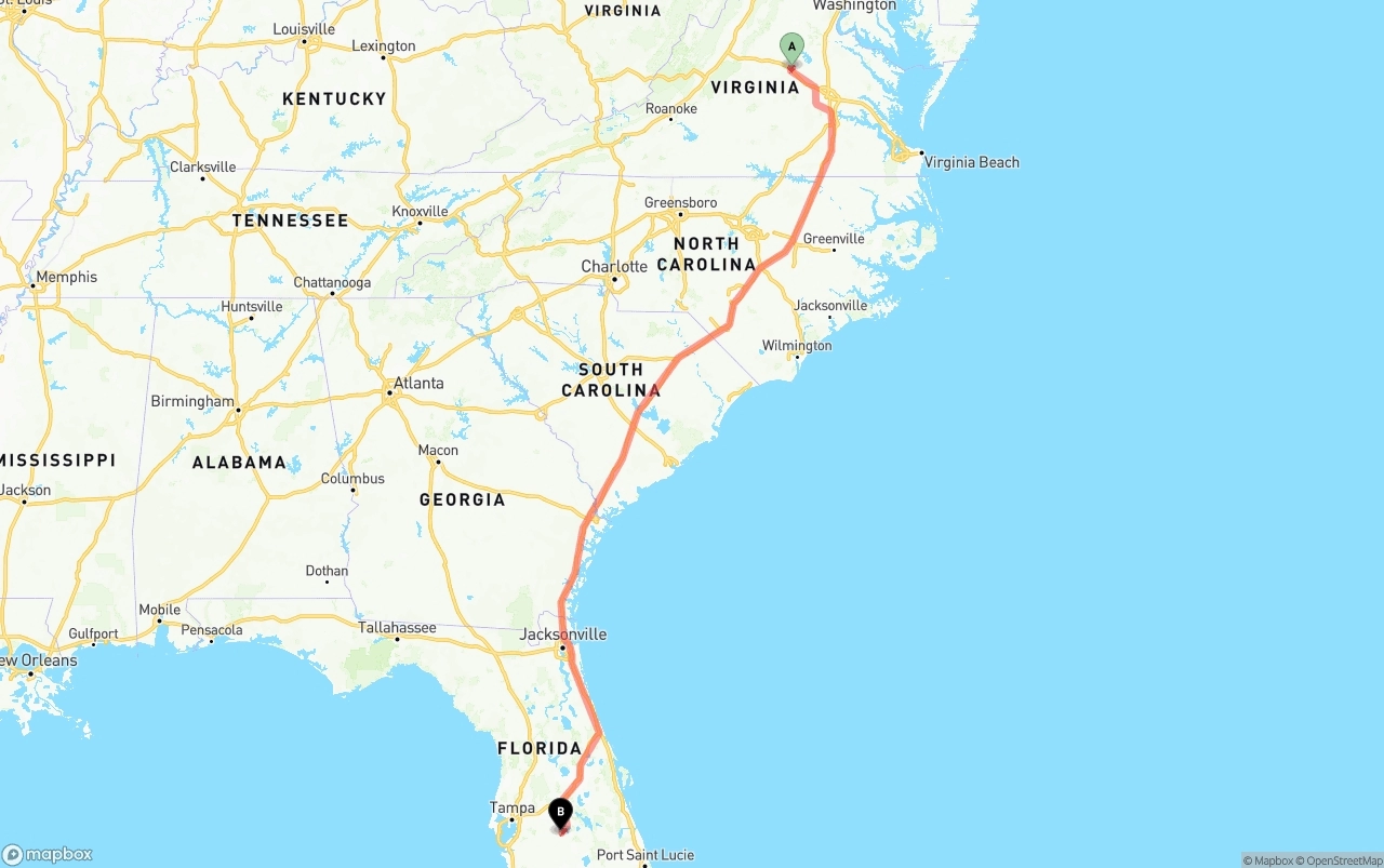 Shipping route from Virginia to Florida