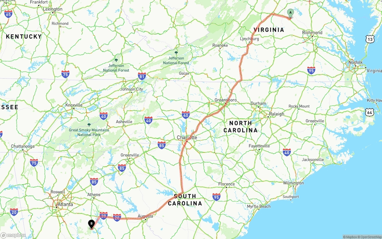 Shipping route from Virginia to Georgia