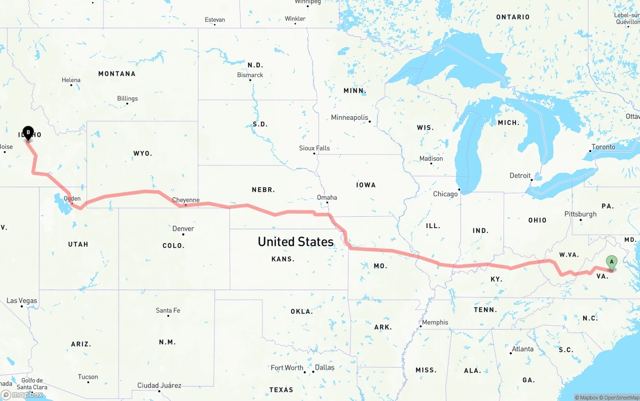 Shipping route from Virginia to Idaho