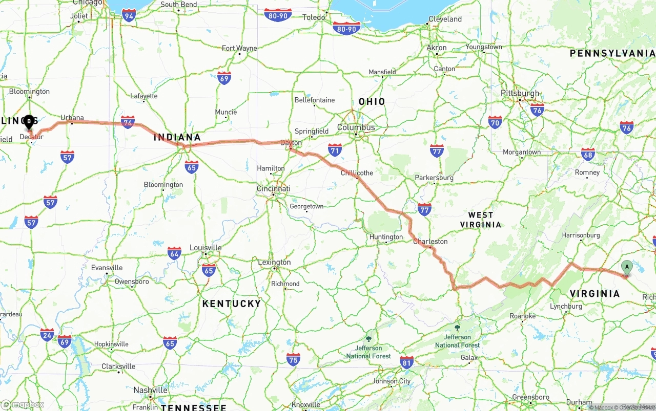 Shipping route from Virginia to Illinois