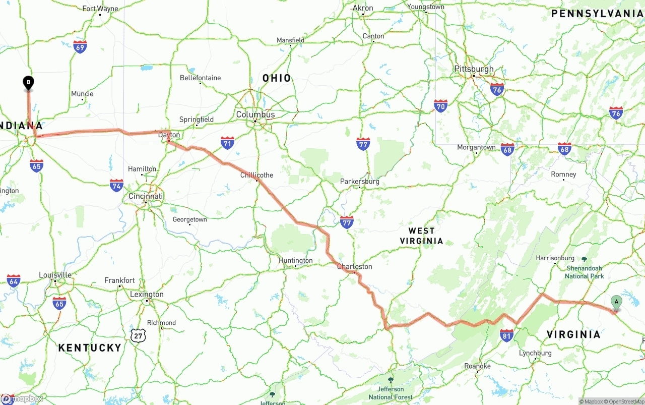 Shipping route from Virginia to Indiana