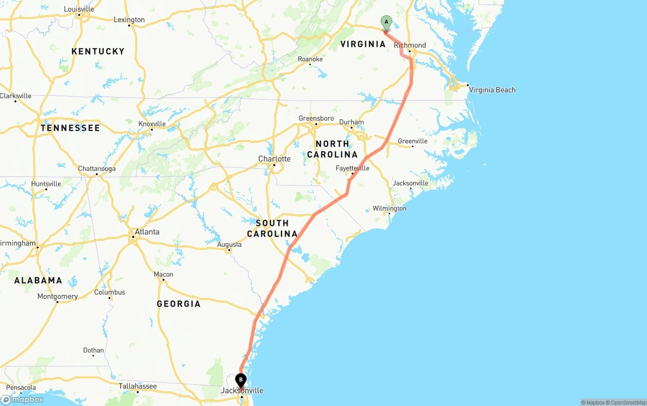 Shipping route from Virginia to Jacksonville International Airport