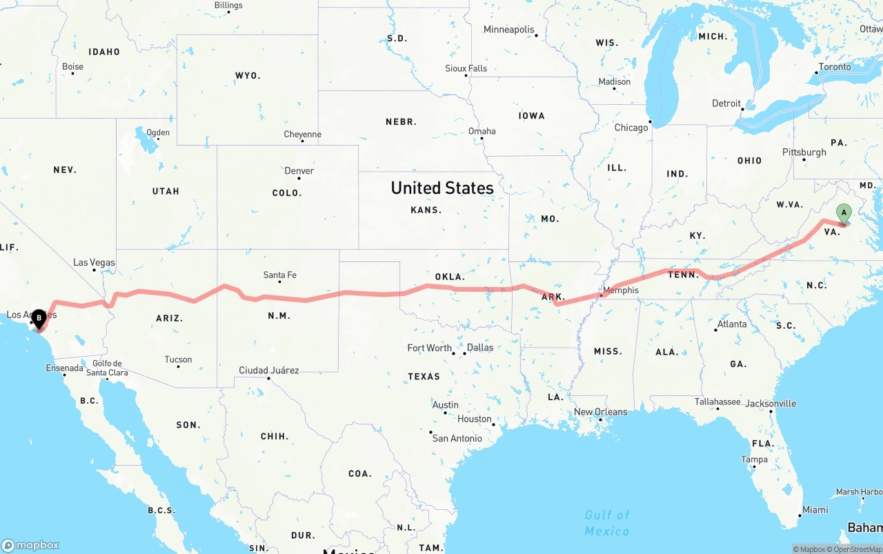 Shipping route from Virginia to John Wayne Airport — Orange County