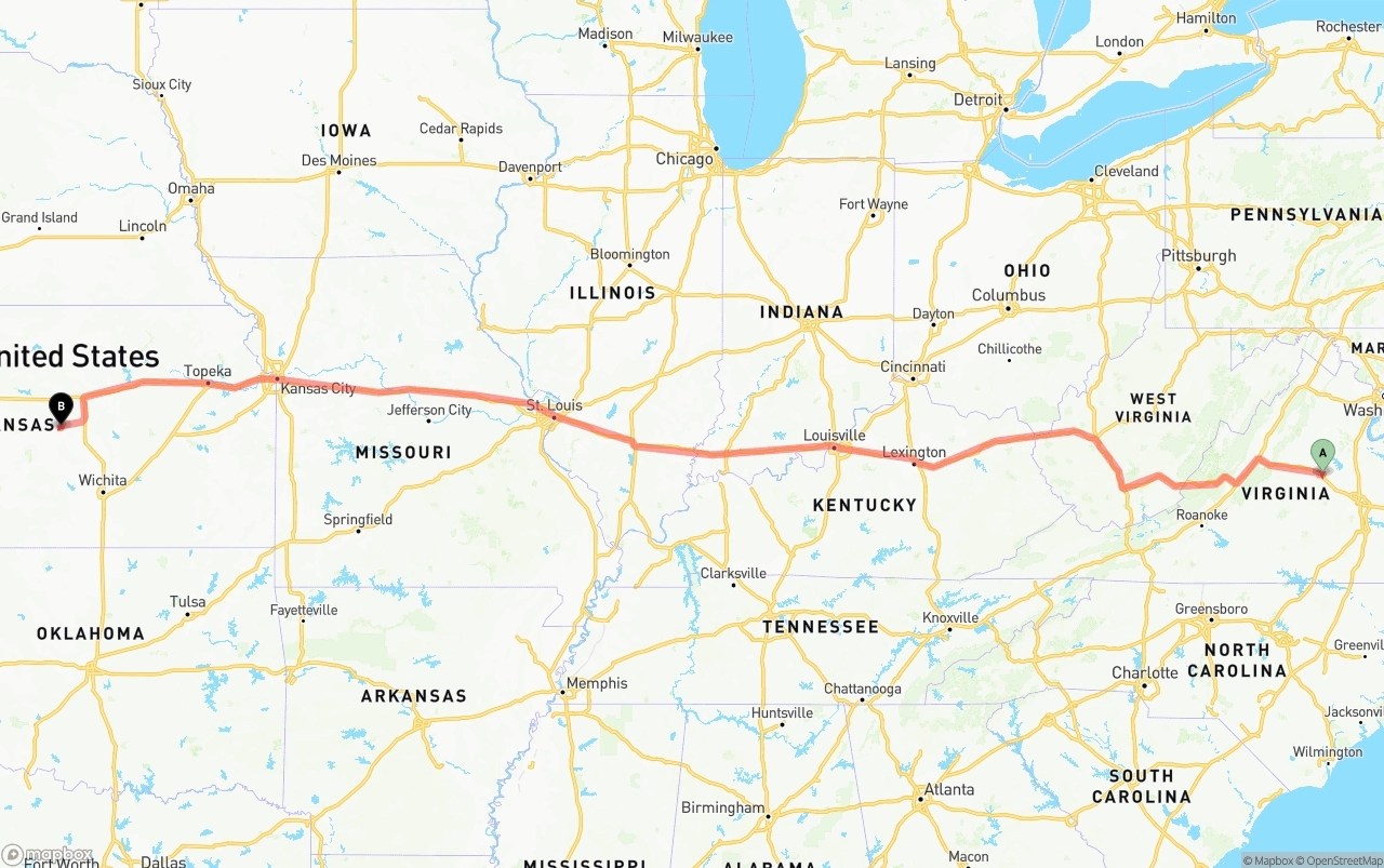 Shipping route from Virginia to Kansas