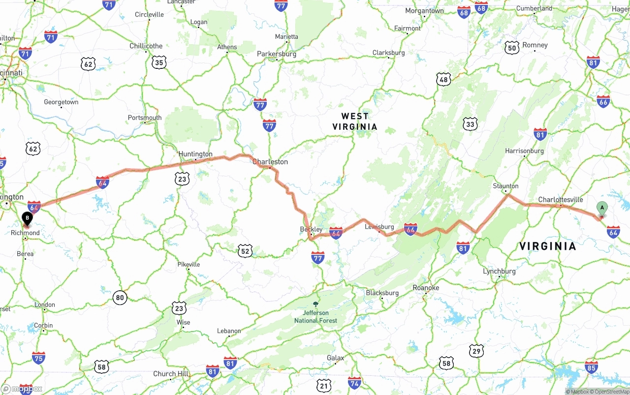 Shipping route from Virginia to Kentucky