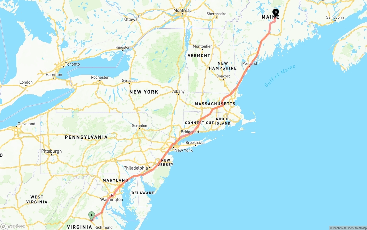 Shipping route from Virginia to Maine