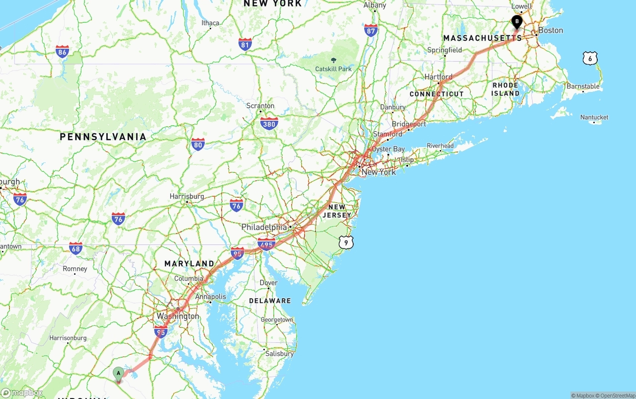Shipping route from Virginia to Massachusetts