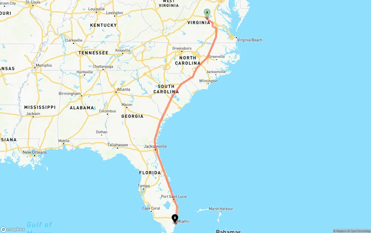 Shipping route from Virginia to Miami International Airport