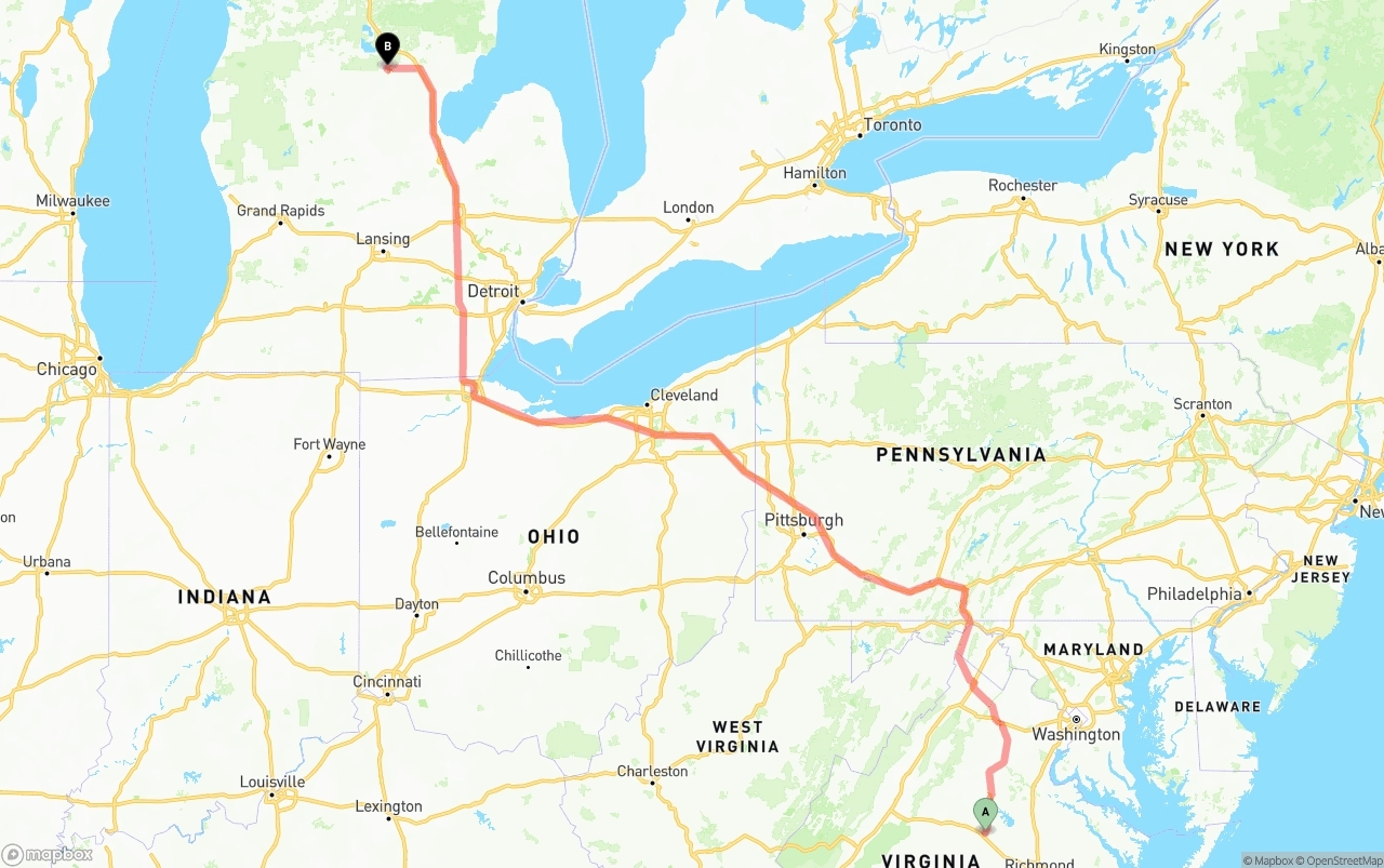 Shipping route from Virginia to Michigan