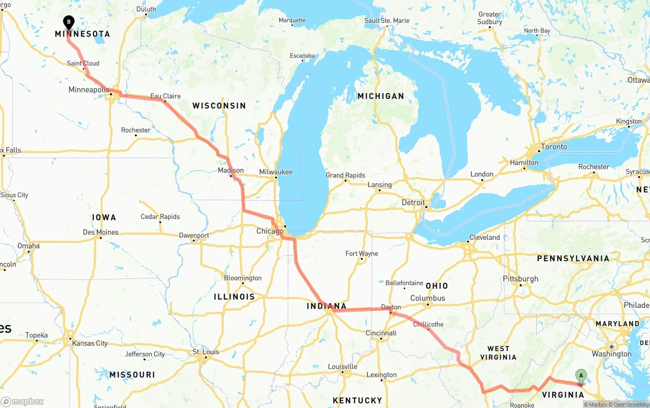 Shipping route from Virginia to Minnesota