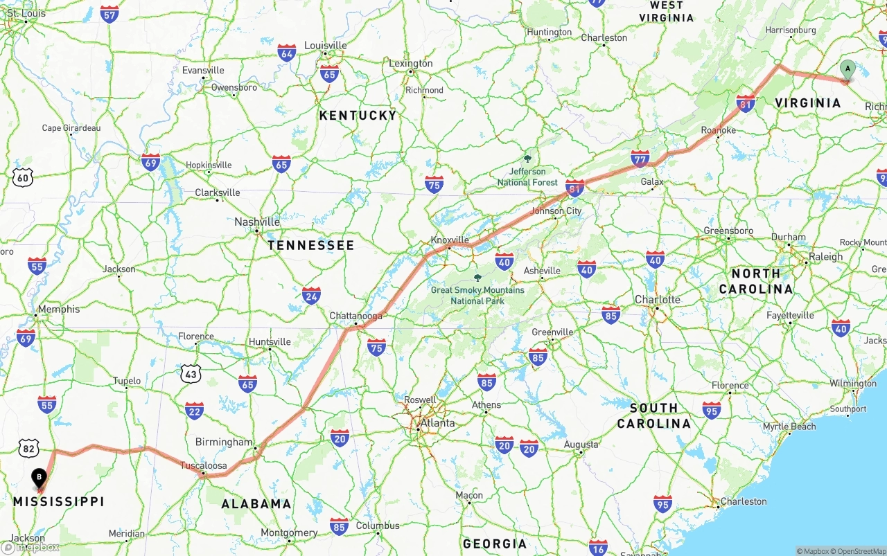 Shipping route from Virginia to Mississippi