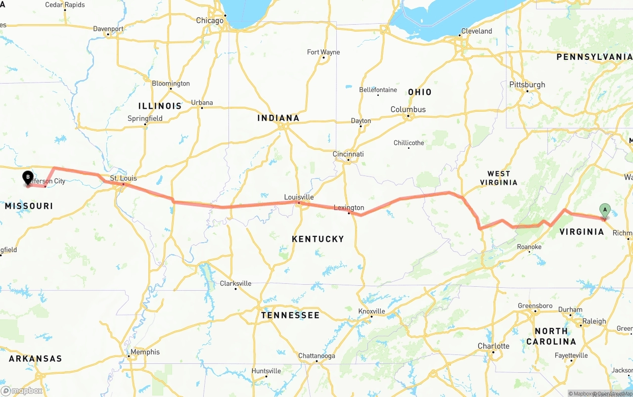 Shipping route from Virginia to Missouri