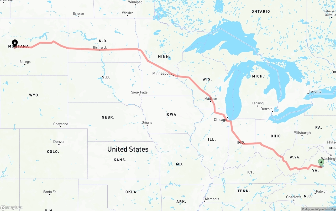Shipping route from Virginia to Montana