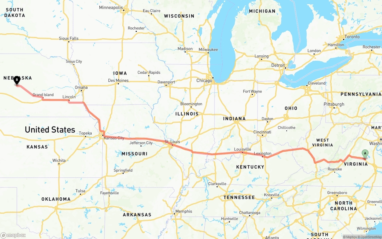 Shipping route from Virginia to Nebraska