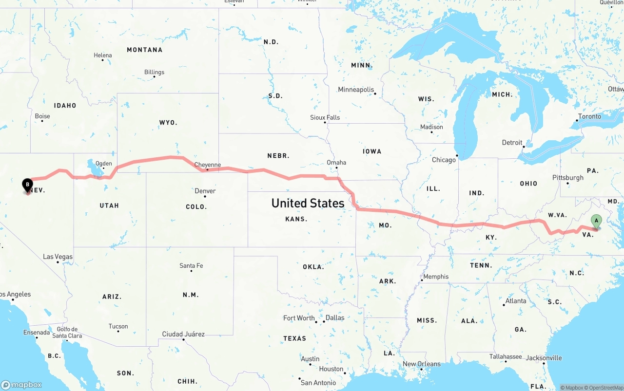 Shipping route from Virginia to Nevada