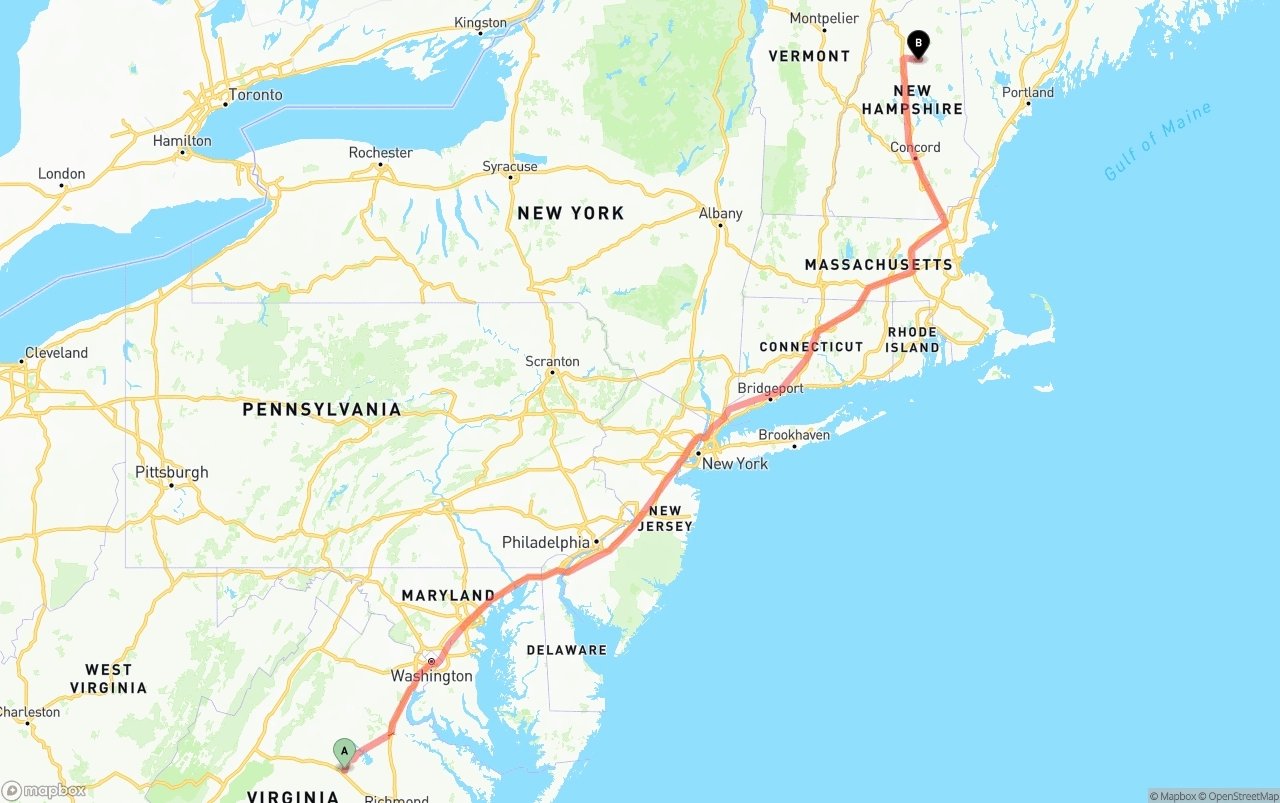 Shipping route from Virginia to New Hampshire