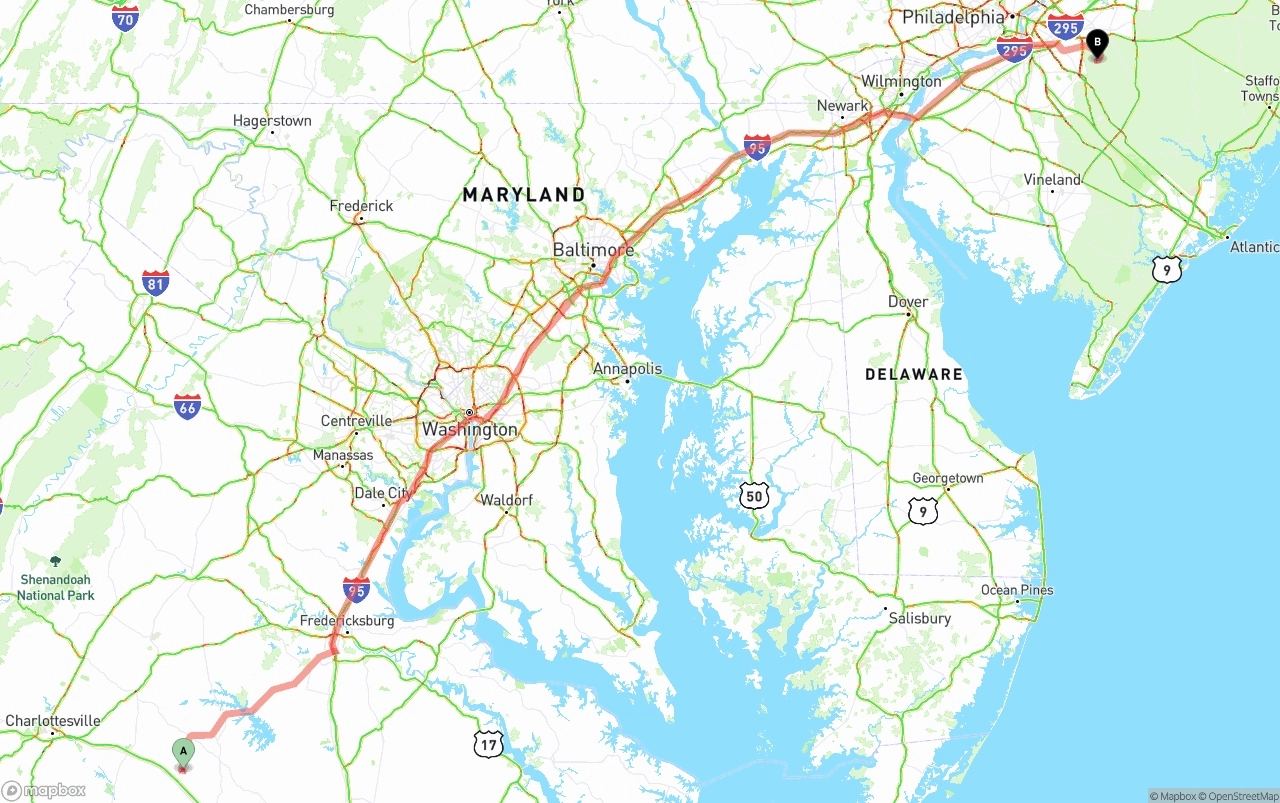 Shipping route from Virginia to New Jersey