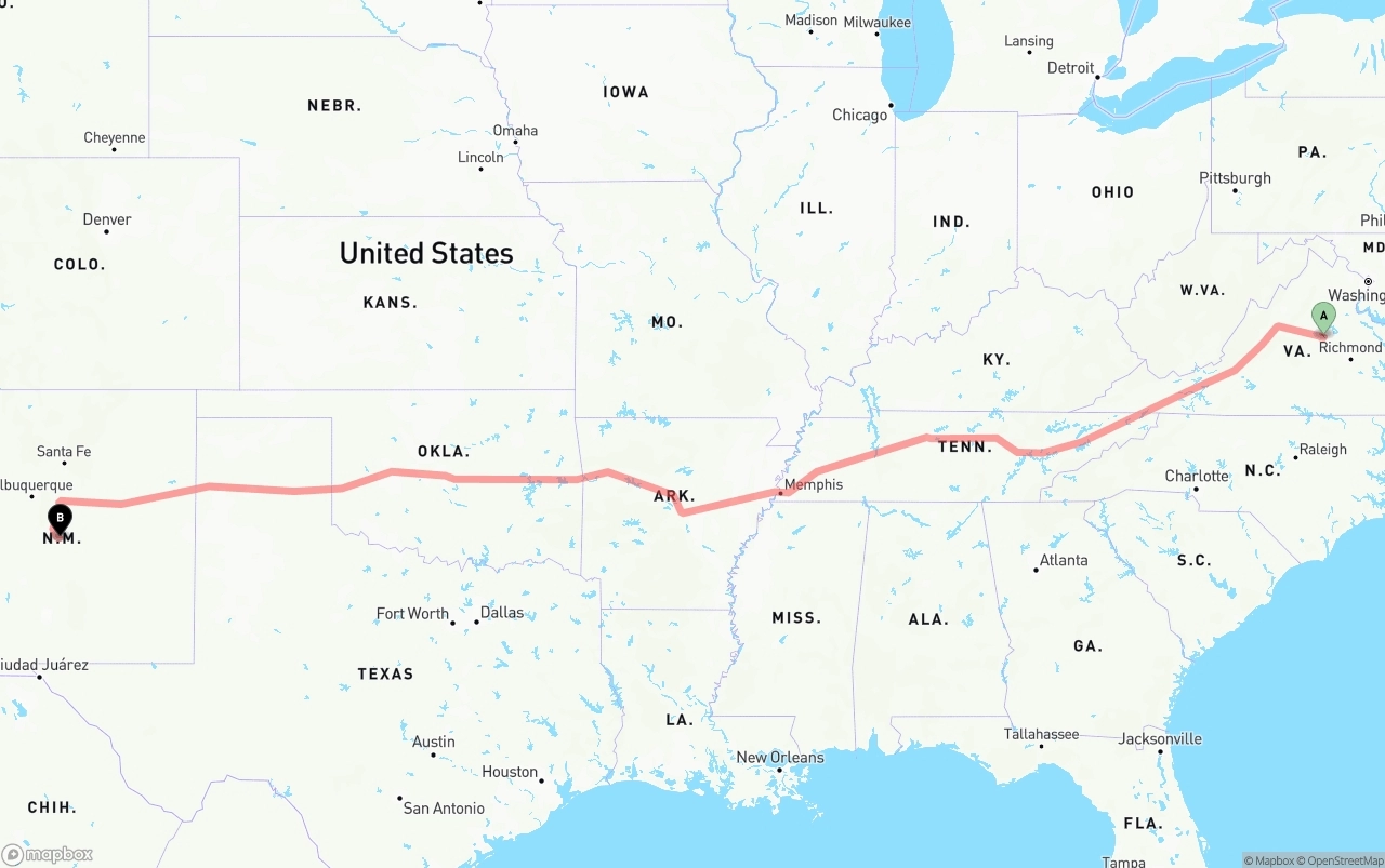 Shipping route from Virginia to New Mexico